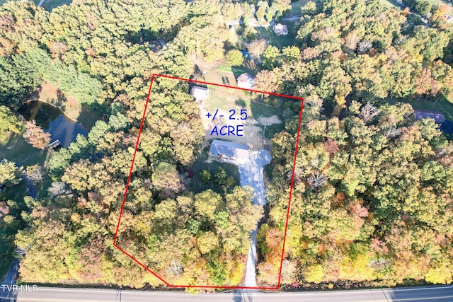 drone / aerial view featuring a view of trees