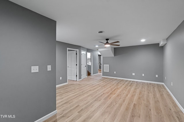 unfurnished living room with light wood-type flooring and ceiling fan