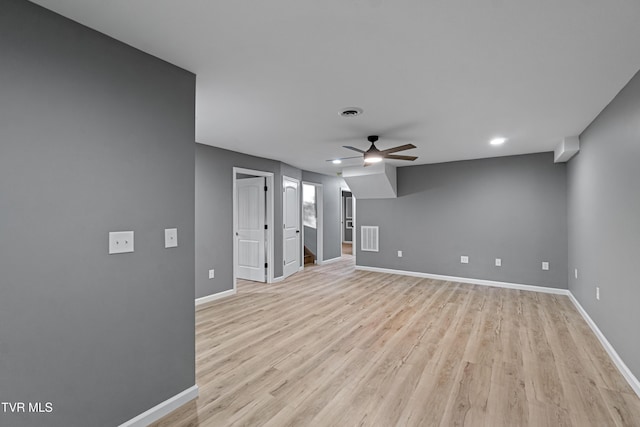 unfurnished living room featuring recessed lighting, light wood-style floors, ceiling fan, visible vents, and baseboards
