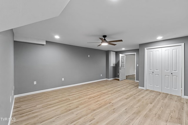 unfurnished bedroom featuring recessed lighting, light wood finished floors, a ceiling fan, and baseboards