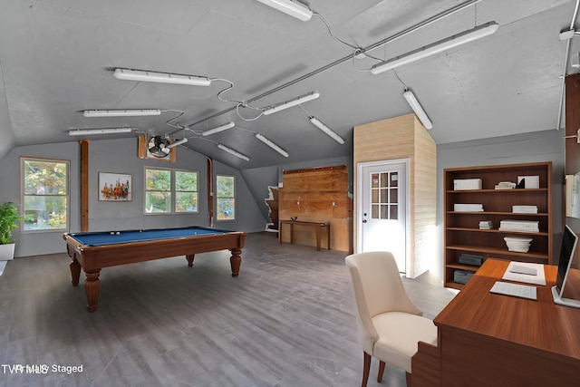 rec room featuring billiards, vaulted ceiling, and wood finished floors