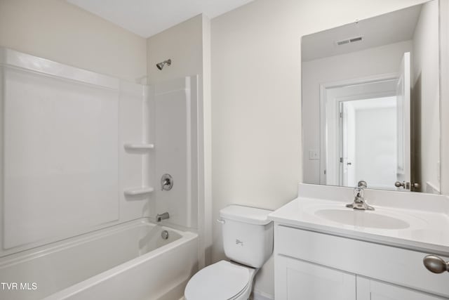 bathroom with toilet, tub / shower combination, vanity, and visible vents