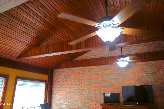 details featuring wood ceiling and ceiling fan