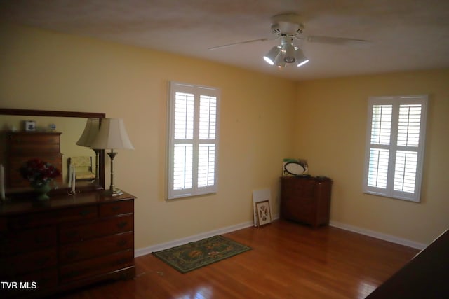 misc room featuring ceiling fan, a wealth of natural light, and hardwood / wood-style floors