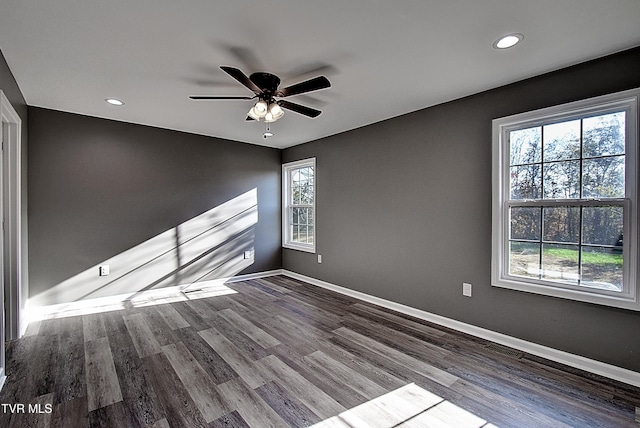 unfurnished room with wood-type flooring, plenty of natural light, and ceiling fan