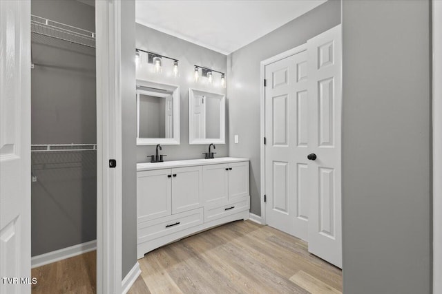 bathroom with hardwood / wood-style floors and vanity