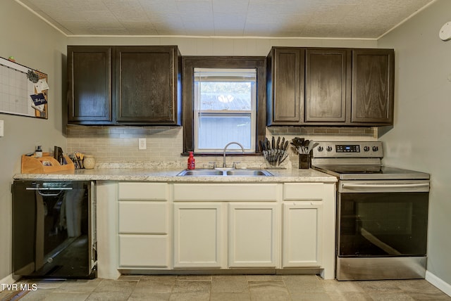 kitchen featuring stainless steel electric stove, decorative backsplash, black dishwasher, dark brown cabinets, and sink