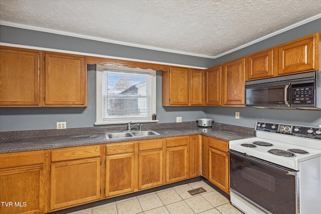 kitchen featuring a textured ceiling, white range with electric cooktop, light tile patterned flooring, crown molding, and sink