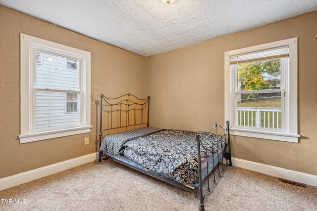 bedroom with a textured ceiling and carpet floors