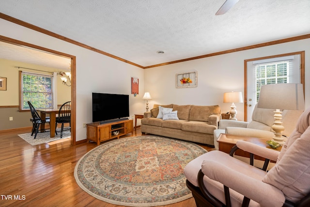 living room with a wealth of natural light, a textured ceiling, wood-type flooring, and ceiling fan