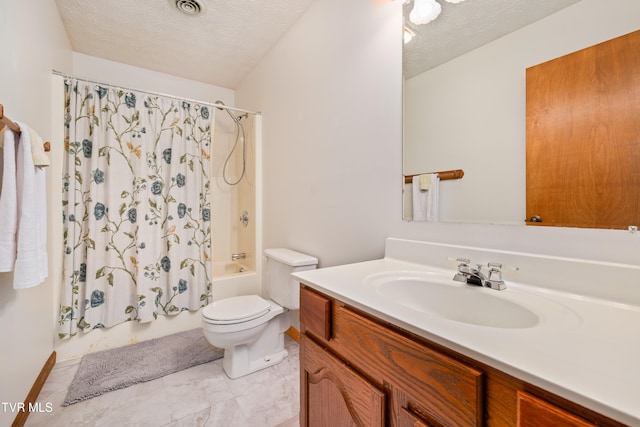 full bathroom with vanity, shower / tub combo with curtain, a textured ceiling, and toilet