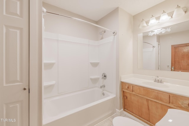 full bathroom featuring tile patterned flooring, vanity,  shower combination, and toilet