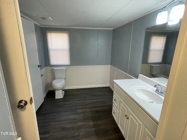 bathroom with vanity, wood-type flooring, toilet, and plenty of natural light