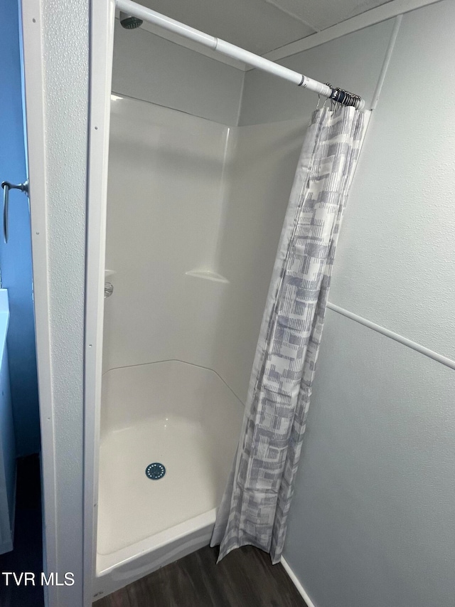 bathroom with wood-type flooring and a shower with shower curtain