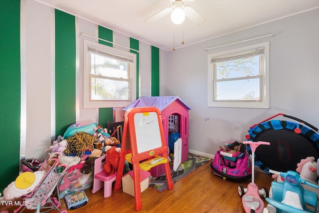 rec room featuring wood-type flooring, plenty of natural light, and ceiling fan