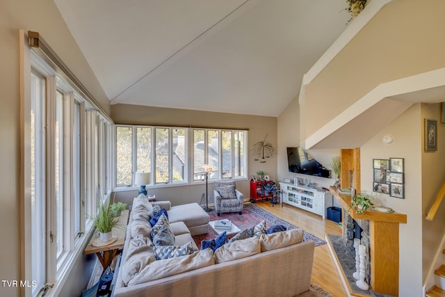 living room featuring lofted ceiling and light wood-type flooring