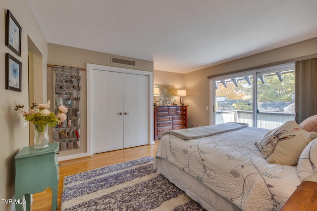 bedroom with a closet, access to exterior, and hardwood / wood-style floors