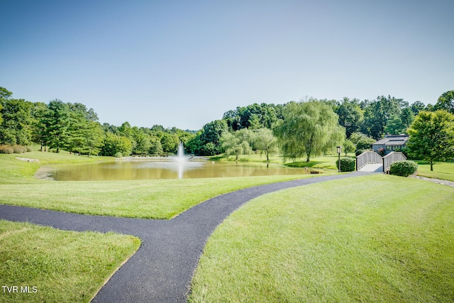 surrounding community with a water view, a lawn, and a shed