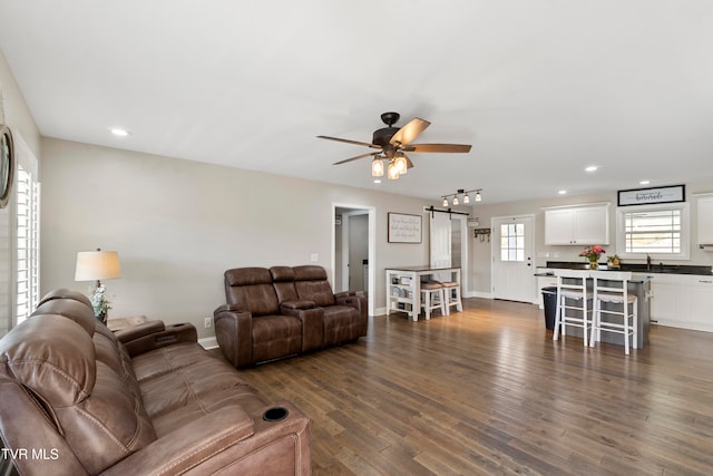 living room with ceiling fan, dark hardwood / wood-style floors, and a barn door