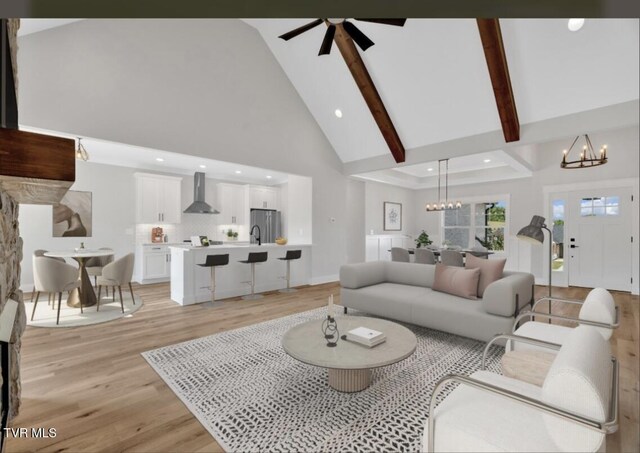 633 Uncle Buddys Way, Jonesborough, TN 37659 - living area with a chandelier, high vaulted ceiling, light wood finished floors, a ceiling fan, and recessed lighting