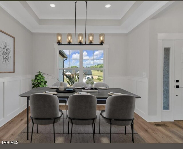 633 Uncle Buddys Way, Jonesborough, TN 37659 - dining area featuring a tray ceiling, wood finished floors, a decorative wall, wainscoting, and a chandelier
