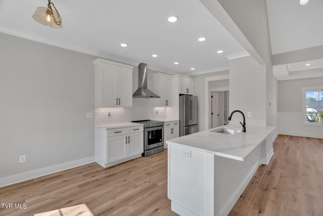 633 Uncle Buddys Way, Jonesborough, TN 37659 - kitchen featuring stainless steel appliances, wall chimney range hood, a sink, white cabinets, and light stone counters