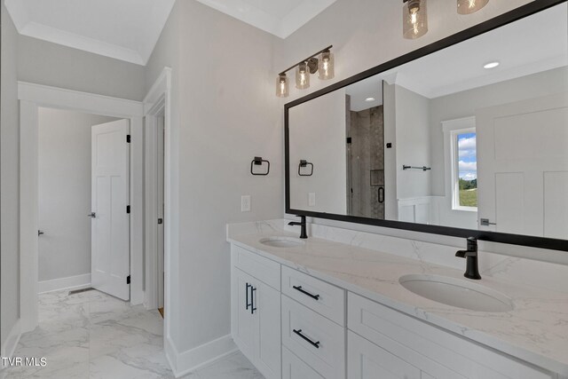 633 Uncle Buddys Way, Jonesborough, TN 37659 - bathroom with marble look tiles, a shower stall, double vanity, baseboards, and recessed lighting