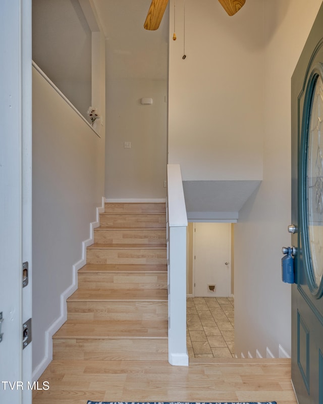 staircase with hardwood / wood-style floors