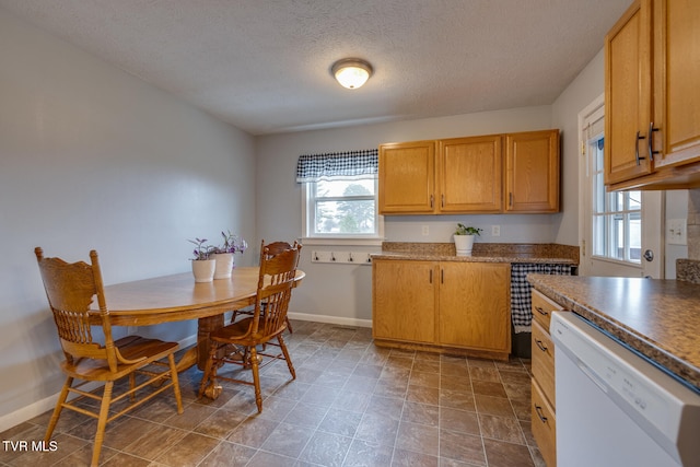 kitchen featuring white dishwasher and a textured ceiling