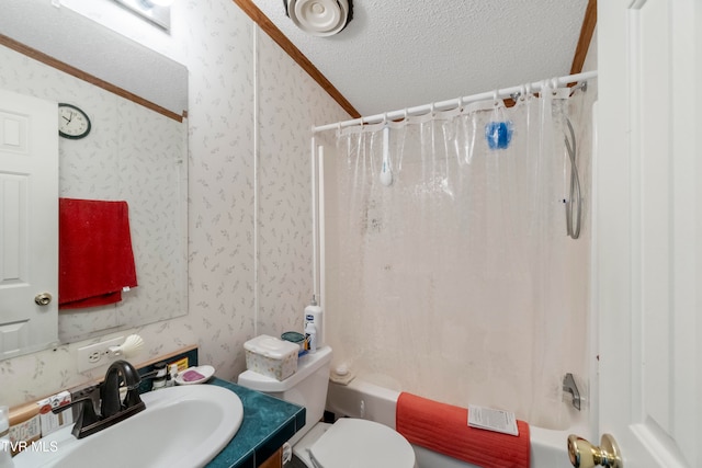 full bathroom with shower / bath combination with curtain, a textured ceiling, toilet, ornamental molding, and vanity