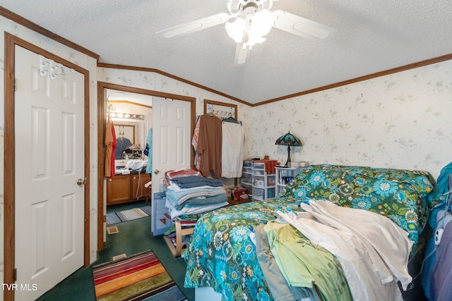 bedroom featuring ceiling fan, crown molding, a textured ceiling, and lofted ceiling