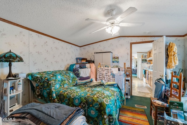 bedroom featuring crown molding, a textured ceiling, ceiling fan, and vaulted ceiling