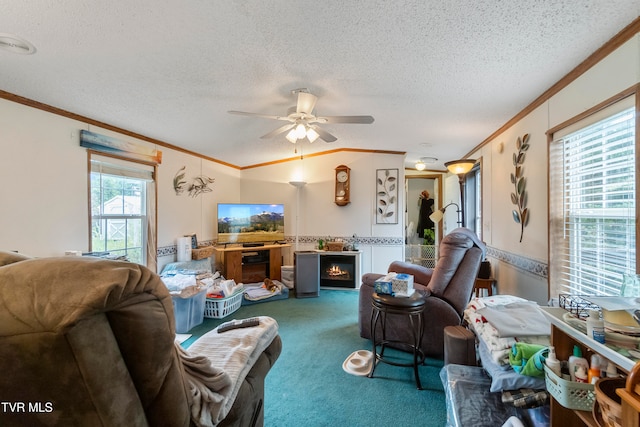 carpeted living room with a wealth of natural light, crown molding, a textured ceiling, and ceiling fan