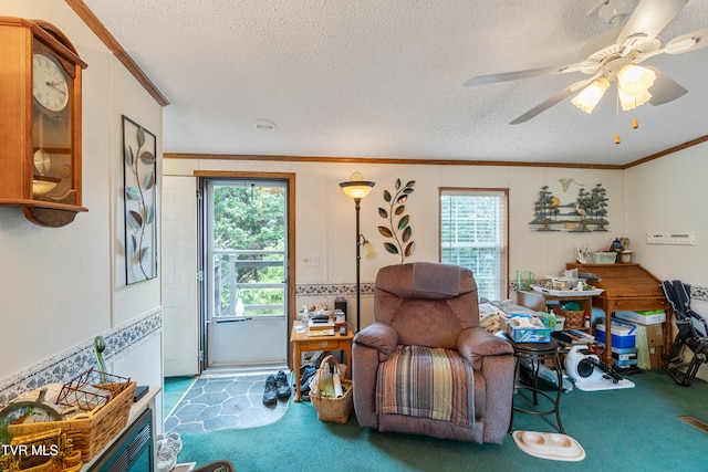 living area with a textured ceiling and carpet flooring