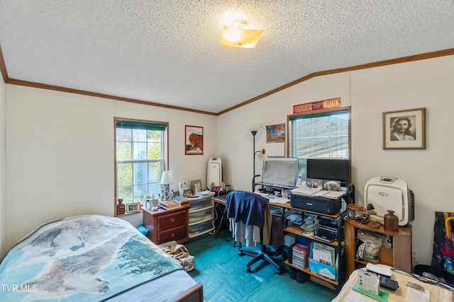 office area featuring lofted ceiling, carpet floors, a textured ceiling, and crown molding