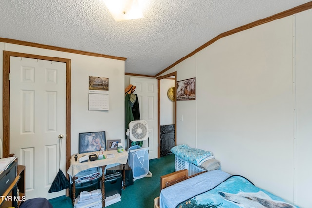 bedroom with crown molding, a textured ceiling, vaulted ceiling, and carpet flooring