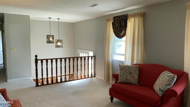 sitting room featuring a textured ceiling and carpet floors