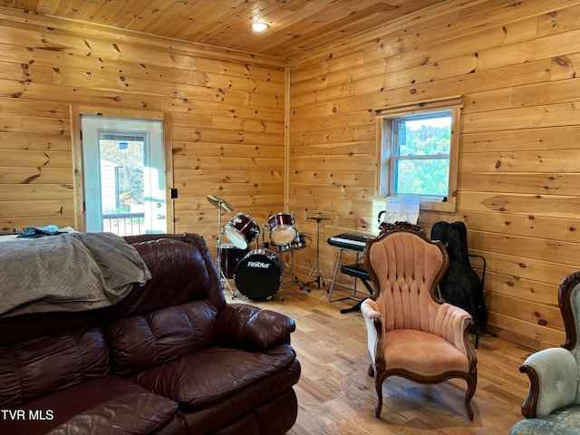 interior space featuring wooden walls, multiple windows, and light wood-type flooring