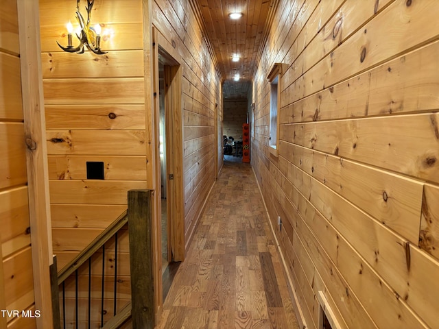 hallway with wood walls and wood-type flooring