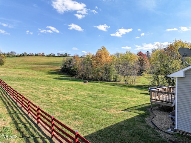 view of yard featuring a rural view and a wooden deck