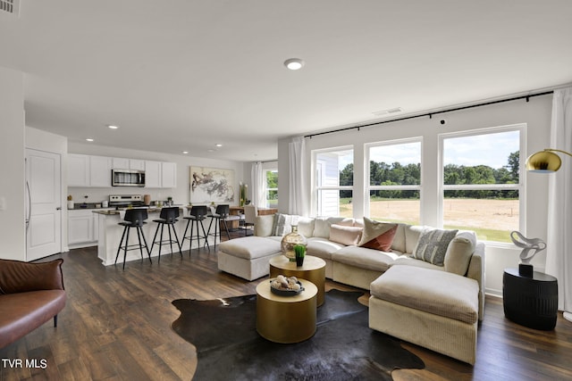 living room with plenty of natural light and dark wood-type flooring