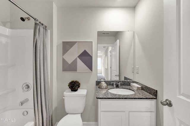 full bathroom featuring vanity, toilet, and shower / bathtub combination with curtain