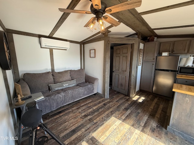 living room with a wall mounted air conditioner, ceiling fan, vaulted ceiling with beams, and dark hardwood / wood-style flooring