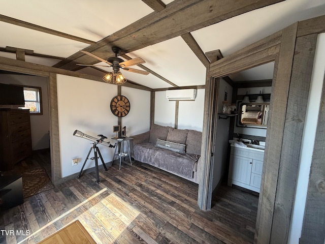 living area featuring beam ceiling, an AC wall unit, dark wood-type flooring, and ceiling fan