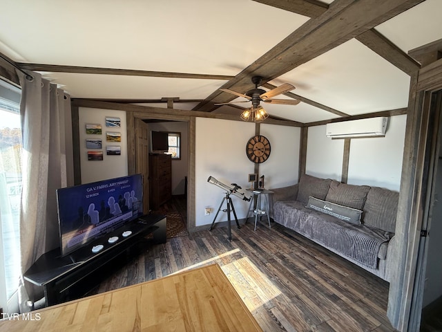 unfurnished living room featuring dark wood-type flooring, ceiling fan, beamed ceiling, and a wall mounted air conditioner