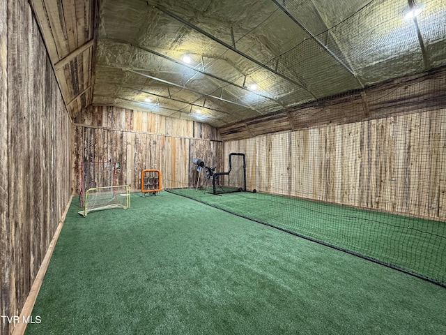 interior space with carpet floors and vaulted ceiling