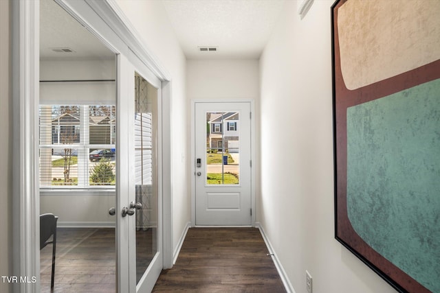 entryway featuring french doors, a textured ceiling, dark hardwood / wood-style floors, and a wealth of natural light