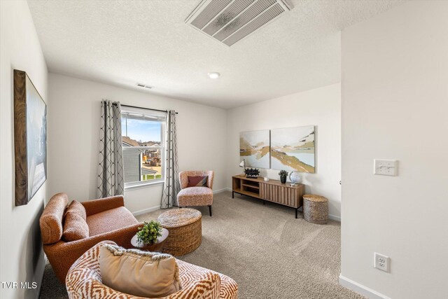 sitting room featuring light carpet and a textured ceiling