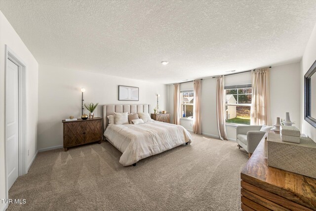 bedroom with carpet floors and a textured ceiling