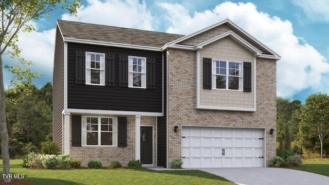 view of front facade featuring a garage and a front lawn